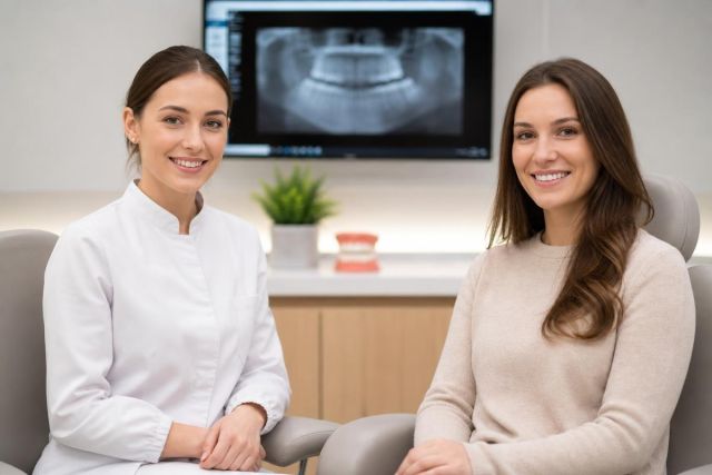 Dentist and patient smiling in consultation room with dental X-ray and model behind them.