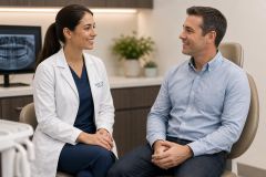Dentist consulting with a patient in a calm dental clinic, dental X-ray visible.