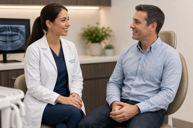 Dentist consulting with a patient in a calm dental clinic, dental X-ray visible.