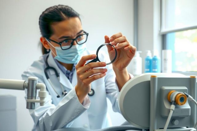A healthcare professional in a white coat and mask examines eyeglasses in a lab setting. Focus on precision and detail in a medical or optometry environment.
