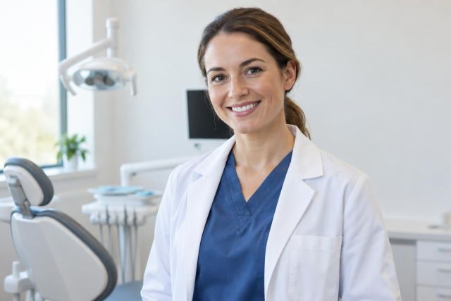 Female dentist smiling in modern dental operatory next to chair and overhead light.