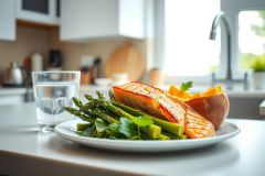 Healthy grilled salmon with asparagus and roasted potatoes on a plate, set on a kitchen counter. Bright, natural light highlights the vibrant colors of the meal.