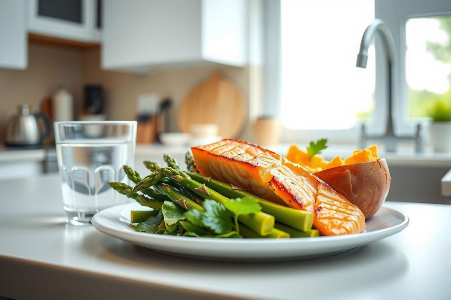Healthy grilled salmon with asparagus and roasted potatoes on a plate, set on a kitchen counter. Bright, natural light highlights the vibrant colors of the meal.