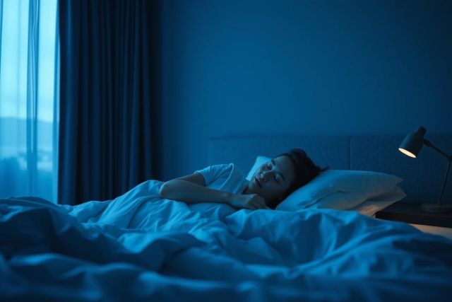 Woman sleeping peacefully in a blue-toned bedroom at night. Soft lighting from a bedside lamp illuminates the scene, creating a calm and restful atmosphere. Focus on sleep, relaxation, and nighttime tranquility.
