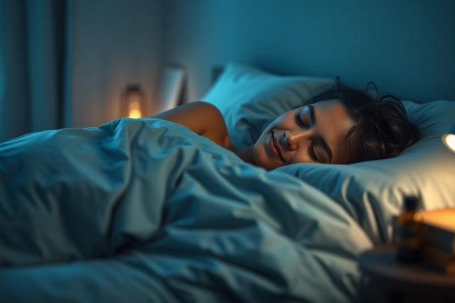 Woman sleeping peacefully in a dimly lit bedroom. Blue tones dominate the scene, creating a calming and restful atmosphere. Soft lighting highlights the bed and a bedside table. Image depicts sleep, relaxation, and a cozy home environment.