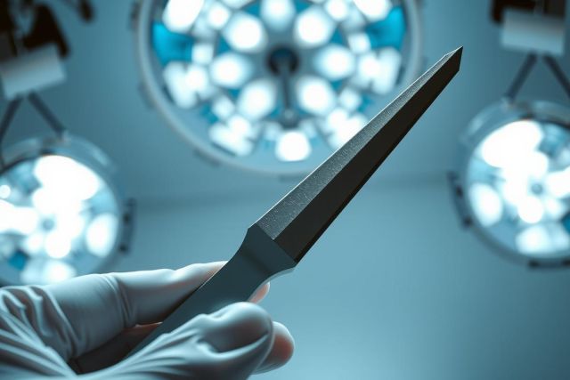Surgical instrument held in gloved hand, illuminated by bright operating room lights. Close-up view of a scalpel for medical procedures. Blue and white tones dominate the scene.