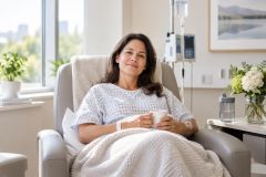 Woman in a clinic chair holding a mug, recovering in a comfortable medical room.