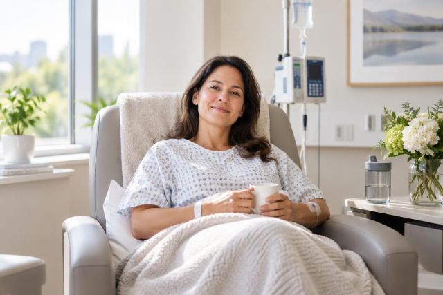 Woman in a clinic chair holding a mug, recovering in a comfortable medical room.