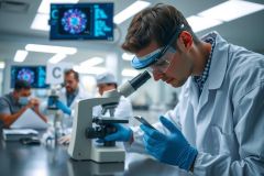 Scientists in lab coats and gloves examining samples under a microscope. Research environment with equipment and glassware. Focus on scientific discovery and analysis.