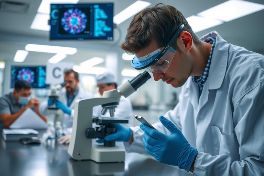 Scientists in lab coats and gloves examining samples under a microscope. Research environment with equipment and glassware. Focus on scientific discovery and analysis.