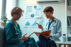 The image shows a medical office setting with two doctors engaged in conversation. One doctor is seated and the other stands, with both wearing white coats and stethoscopes around their necks. The office has charts on the wall that indicate patient care and data analysis. They are discussing healthcare information on a tablet.