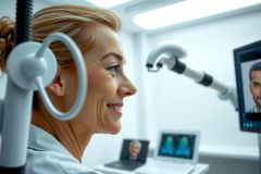 Female dentist in a bright, modern dental office. She's smiling and looking towards a screen displaying dental x-rays. The scene showcases a professional healthcare setting with advanced equipment.