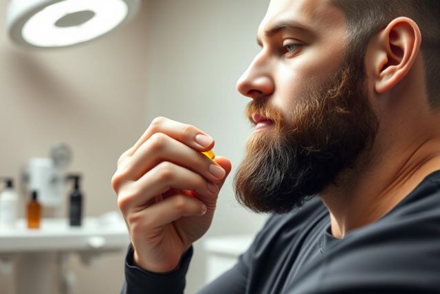Man with a full beard taking a vitamin capsule in a modern bathroom setting. Focus on health, grooming, and wellness. Neutral tones with a clean, minimalist aesthetic. Suitable for men's health, skincare, and supplement related searches.