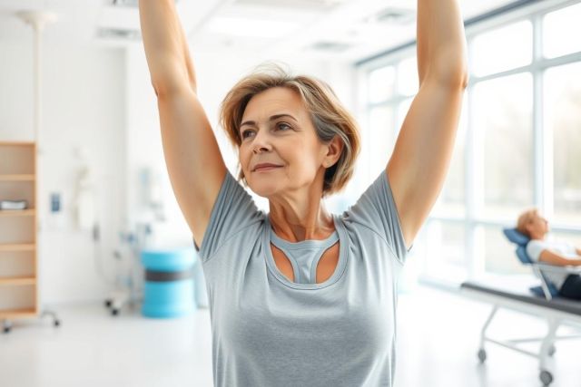 Senior woman exercising with resistance bands in a bright, modern physiotherapy clinic. Gray shirt, focused expression, and natural light create a scene of healthy aging and rehabilitation. Another patient visible in the background.