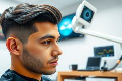 Close-up of a man with a stylish haircut, viewed from the side. He's in a modern environment with medical equipment and a screen visible in the background. Focus is on the man's face and hair.