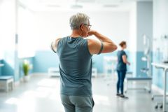 Senior man in a light blue medical clinic, seen from behind, appears to be experiencing discomfort or pain, possibly related to physical therapy. A healthcare professional is visible in the background. Bright, airy environment with blue and white tones.