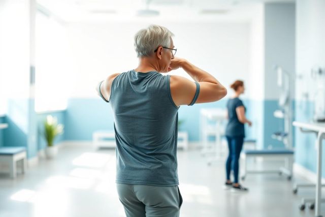 Senior man in a light blue medical clinic, seen from behind, appears to be experiencing discomfort or pain, possibly related to physical therapy. A healthcare professional is visible in the background. Bright, airy environment with blue and white tones.