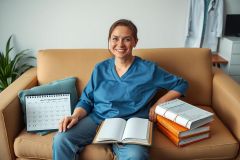 This image features a woman sitting on a couch in an office environment. She is wearing scrubs, suggesting she might be a nurse or a medical professional. In front of her, there are several books and binders which imply that she could be studying for a test or referencing materials.