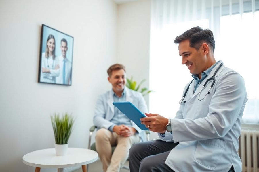 Doctor examining tablet in clinic. Male healthcare professional in white coat reviews data in a modern, bright medical office. Focus on patient care and technology in healthcare setting.