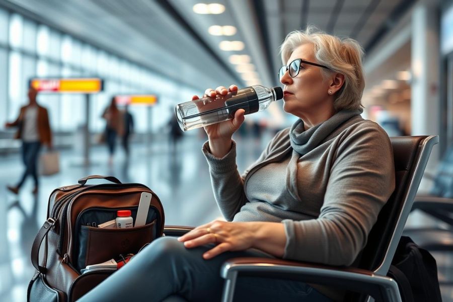Mature woman drinking water while waiting at an airport. She's seated with a suitcase nearby, surrounded by blurred travelers and modern architecture. The scene features cool tones and suggests travel, relaxation, and hydration.
