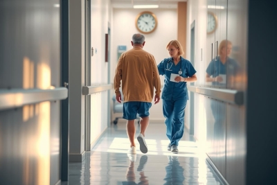 The footage shows a hospital corridor. A man in a yellow jacket walks by, accompanied by a woman in a blue operating gown who appears to be a paramedic.