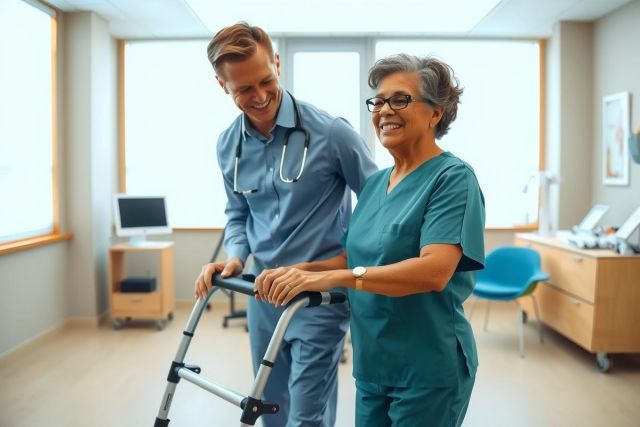 Healthcare worker assists patient with walker in a clinic setting. Medical professional in scrubs supports an elderly woman. Bright room with medical equipment, showcasing patient care and mobility assistance.