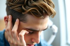 Close-up portrait of a young man with a concerned expression, hand on his face. Blue shirt, natural lighting, indoor setting. Portrait, stress, worry, thoughtful.