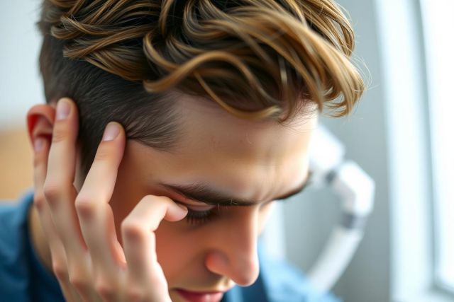 Close-up portrait of a young man with a concerned expression, hand on his face. Blue shirt, natural lighting, indoor setting. Portrait, stress, worry, thoughtful.