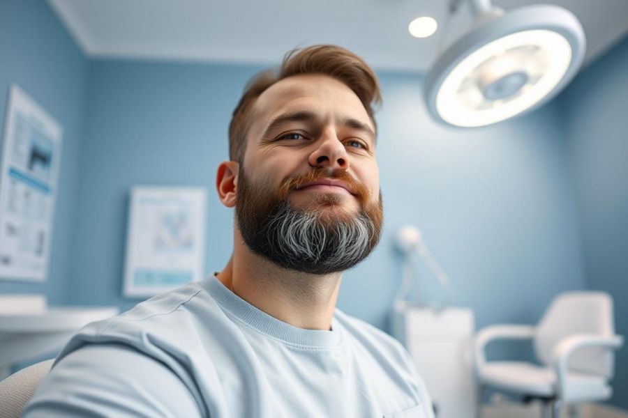 Man with a beard in a medical clinic setting. Blue walls and bright medical lighting highlight a patient receiving treatment. Focus on facial hair and a calming, professional environment.