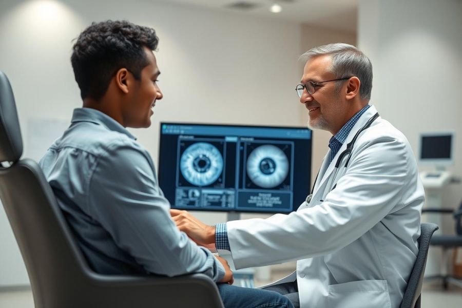 Doctor consulting with patient in a modern clinic. Eye scan displayed on screen. Healthcare, medical examination, and diagnostic imaging are key themes. Warm lighting and professional setting.