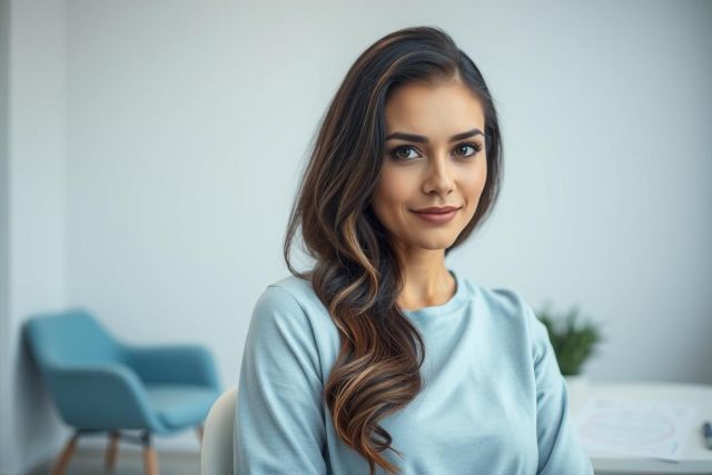Portrait of a beautiful woman with long brown hair and a light blue sweater, seated in a modern office setting. Soft, natural lighting highlights her features against a neutral white background. Professional headshot, stylish, and serene.