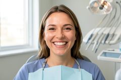 Young patient seated in a dental chair smiling to show bright, even teeth after treatment.