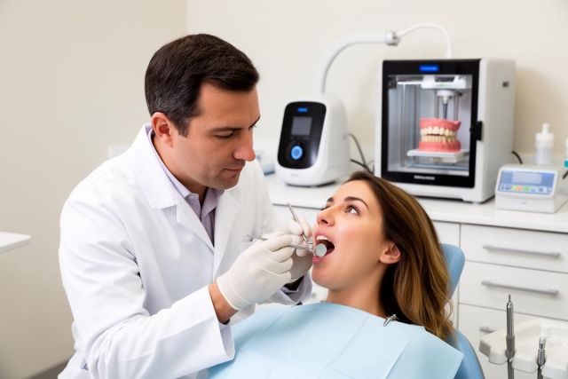 Dentist examining a patient's teeth with a mirror and explorer in a modern dental clinic.