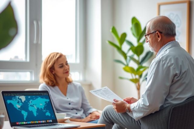 Two people in a modern office setting are engaged in a discussion. A laptop displaying a world map is visible, suggesting a business or planning meeting. Bright, natural light and a clean environment contribute to a professional atmosphere.