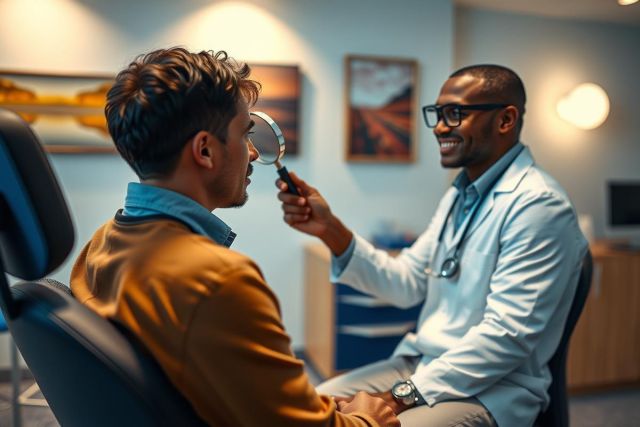 Doctor examines a patient during a checkup. The physician, wearing a white coat and stethoscope, uses an otoscope to view the patient's ear in a clinical setting. Healthcare professional, medical examination, diagnostics.