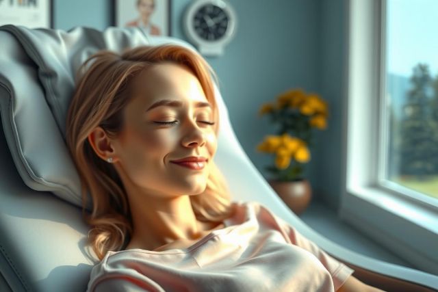 The image features a woman lying in a dental chair, seemingly enjoying her dental visit. She has her eyes closed and is smiling lightly, possibly indicating that she finds the experience relaxing or painless. There's natural light entering through the window, suggesting it might be daytime. The environment appears to be a modern dental office with a pleasant ambiance.