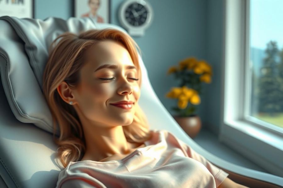 The image features a woman lying in a dental chair, seemingly enjoying her dental visit. She has her eyes closed and is smiling lightly, possibly indicating that she finds the experience relaxing or painless. There's natural light entering through the window, suggesting it might be daytime. The environment appears to be a modern dental office with a pleasant ambiance.