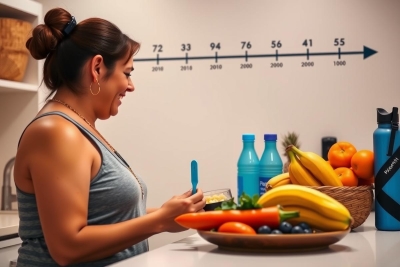 In the image, a woman is seen standing next to the counter in the kitchen. The counter is filled with various fruits such as bananas and oranges, and some bottles of what could be milk or juice. There are several more bottles in the background, suggesting that she may be preparing a meal or snack. The overall setting suggests a healthy lifestyle and focus on nutrition.