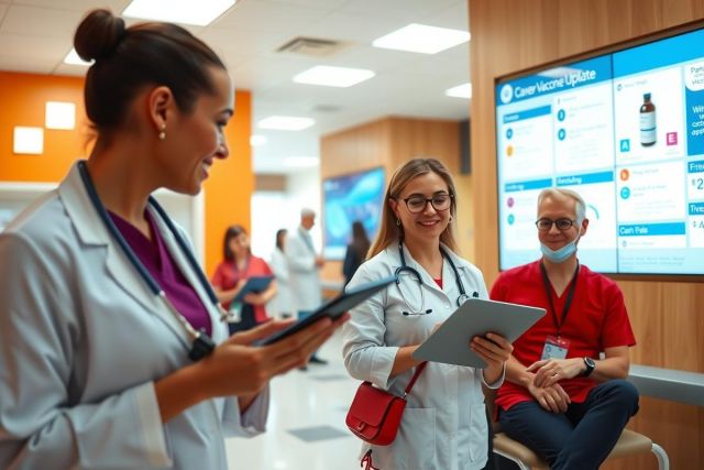 This is a photograph taken in a modern medical waiting area. In the scene, there are three healthcare professionals: one sitting and two standing. They are all dressed in medical attire with stethoscopes around their necks, indicating they are doctors or nurses.