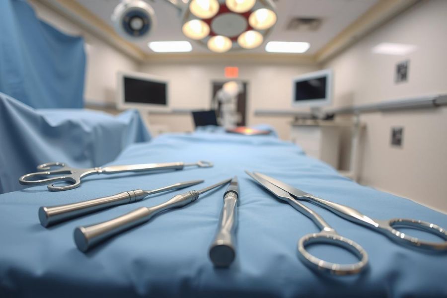 Surgical instruments laid out on a blue medical drape in an operating room. Focus on stainless steel tools, creating a sterile and clinical environment.