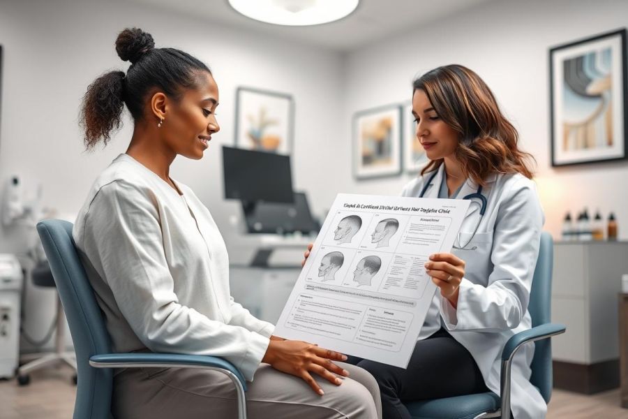 Doctor consults with a patient in a bright, modern medical office. The scene features a female doctor showing a chart to a female patient, likely discussing hair loss treatment options. Warm neutral tones dominate the setting, conveying a professional and reassuring atmosphere.