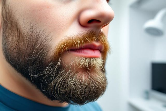 Close-up of a man's face showcasing a textured, multi-toned beard with brown, gray, and reddish hues. The image highlights facial hair details against a blurred, modern background with a lamp and monitor visible. Focus is on the beard and nose.