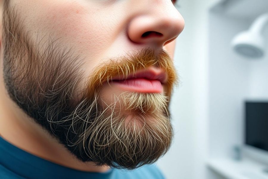 Close-up of a man's face showcasing a textured, multi-toned beard with brown, gray, and reddish hues. The image highlights facial hair details against a blurred, modern background with a lamp and monitor visible. Focus is on the beard and nose.