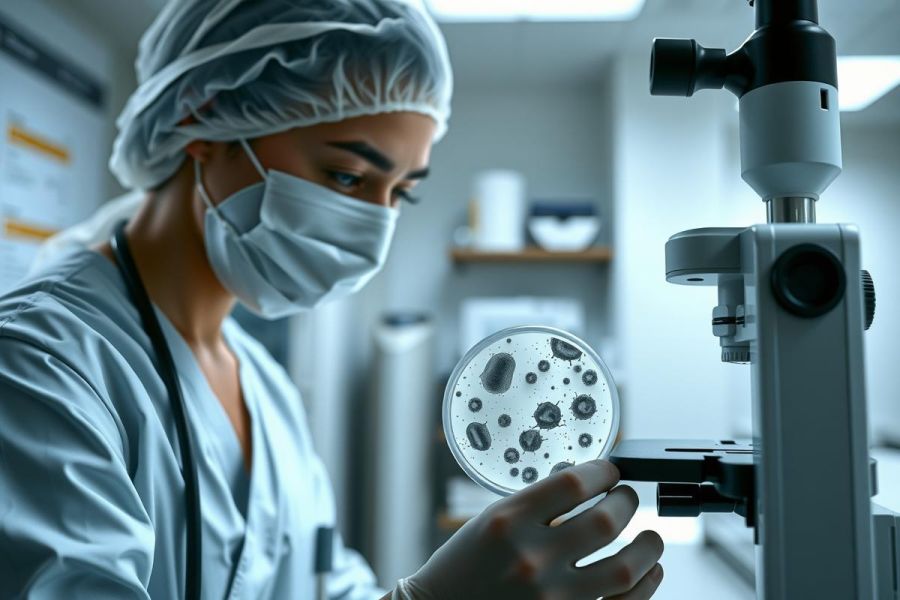 Lab technician examining bacterial culture in petri dish. Wearing a mask and lab coat, she’s in a modern lab setting, likely conducting microbiology research. Bright lighting and equipment visible.