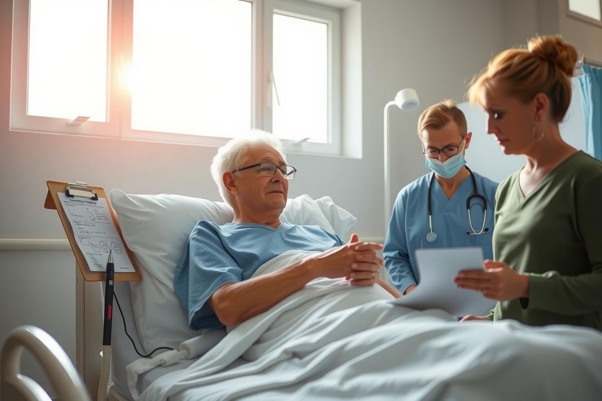 The image depicts a medical setting with a patient in a hospital bed. There are two healthcare professionals - one wearing a surgical mask and the other with a clipboard.
