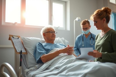 The image depicts a medical setting with a patient in a hospital bed. There are two healthcare professionals - one wearing a surgical mask and the other with a clipboard.