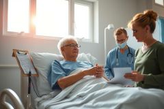 The image depicts a medical setting with a patient in a hospital bed. There are two healthcare professionals - one wearing a surgical mask and the other with a clipboard.