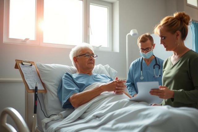 The image depicts a medical setting with a patient in a hospital bed. There are two healthcare professionals - one wearing a surgical mask and the other with a clipboard.