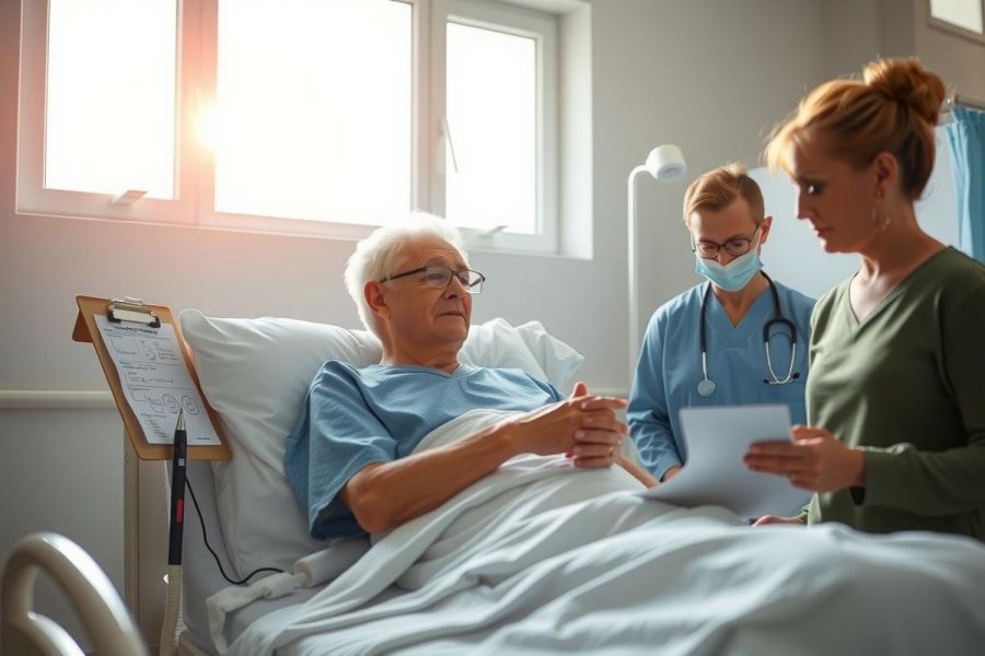 The image depicts a medical setting with a patient in a hospital bed. There are two healthcare professionals - one wearing a surgical mask and the other with a clipboard.