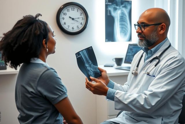 Doctor examining an X-ray with a patient in a medical office setting. Healthcare professional, diagnostic imaging, medical consultation, patient care.